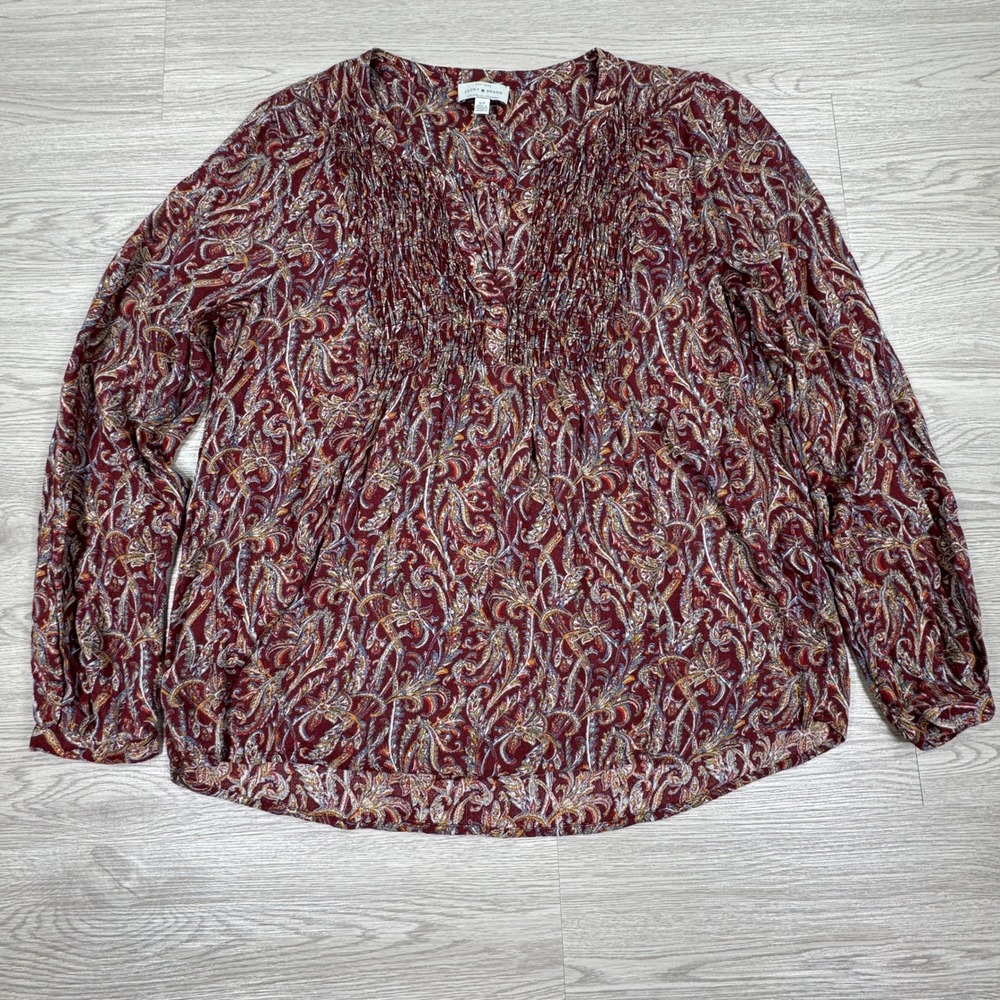 Lucky Brand Women's Blouse Paisley Smocked Split V-Neck Burgundy Small Boho Top